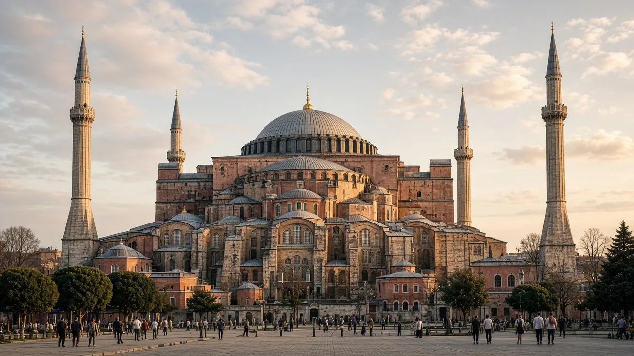 İstanbul'da Ayasofya'nın kubbesi ve minareleri, öğleden sonra ışığında