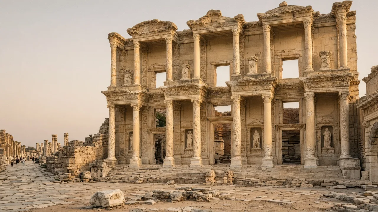Efes'te Celsus Kütüphanesi'nin mermer cephesi, sıcak akşam ışığında